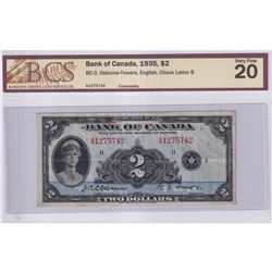 BC-3 1935 Bank of Canada English $2, Osborne-Towers, S/N:A1275742-B, BCS Certified VF-20.