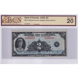 BC-3 1935 Bank of Canada English $2, Osborne-Towers S/N: A2909956-D, BCS Certified VF-20.