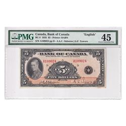 BC-5 1935 Bank of Canada English $5, Osborne-Towers, S/N: A109024-D, PMG Certified Choice EF-45.