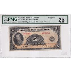 BC-5 1935 Bank of Canada English $5, Osborne-Towers, S/N: A626653-C, PMG Certified VF-25.