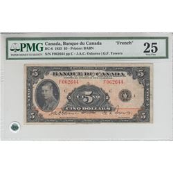BC-6 1935 Bank of Canada French $5, Osborne-Towers, S/N: 062644/F PMG VF-25.