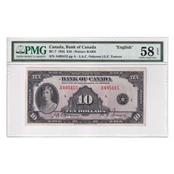 BC-7 1935 Bank of Canada English $10, Osborne-Towers, S/N: A495415-A, PMG Certified Choice AU-58 EPQ