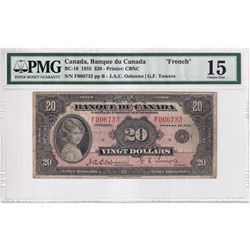 BC-10 1935 Bank of Canada French $20, Osborne-Towers S/N: F006733-B, PMG Certified Choice F-15. *Sca