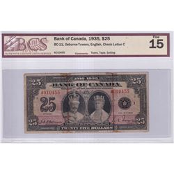 BC-11 1935 Bank of Canada English $25, Osborne-Towers S/N: A010455-C, BCS Certified F-15 (tears, tap