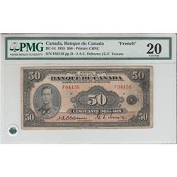 BC-14 1935 Bank of Canada $50, French, Osborne-Towers, S/N: 04156/F PMG VF-20. *Rare Note*