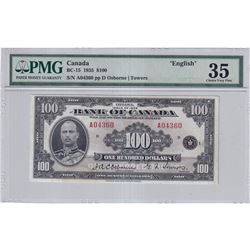 BC-15 1935 Bank of Canada English $100, Osborne-Towers S/N:A04360-D, PMG Certified Choice VF-35! (st