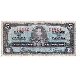 BC-21d 1937 Bank of Canada 4 Digit RADAR $5, Coyne-Towers S/N: Y/C1258521. Note is approximately Fin