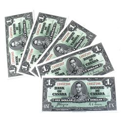 BC-21d Lot of 5 1937 Sequential Bank of Canada $1, Coyne-Towers S/N: R/N1057205, 06, 07, 08,09. All