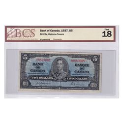 BC-23a 1937 Bank of Canada $5, Osborne-Towers, S/N: A/C0869008, BCS Certified F-18.