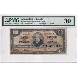 BC-27a 1937 Bank of Canada $100, Osborne-Towers S/N:A/J0063532, PMG Certified VF-30. *Rare Signature