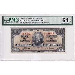 BC-27c 1937 Bank of Canada $100 Coyne-Towers S/N: B/J4188527, PMG Certified Choice UNC-64 EPQ!