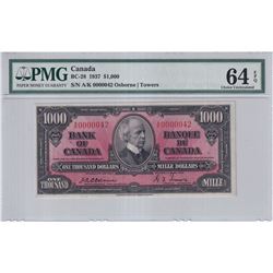 BC-28 1937 Bank of Canada $1000, Osborne-Towers S/N: 0000042, PMG Certified CHOICE UNC-64 EPQ! LOW S