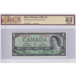 BC-29a 1954 Bank of Canada Devil's Face $1, Coyne-Towers S/N: B/A2434824 BCS Certified CUNC-63 Origi