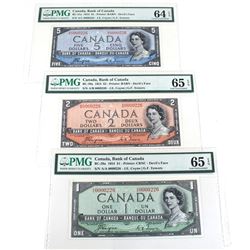 Matching Low Serial Number 1954 Devil's Face $1, $2 & $5 S/N: 0000226. All PMG Certified 64 & 65 EPQ