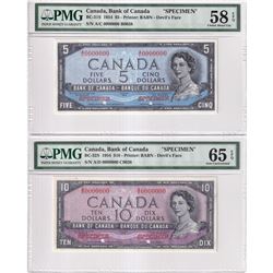 BC-31S & BC-32S. 1954 Bank of Canada Devil's Face SPECIMEN $5 & $10 Matching Set (#B0038 & C0038). B