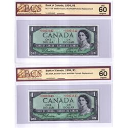 2x BC-37aA 1954 Bank of Canada $1, Beattie-Coyne, Modified Portrait, Replacement, S/N: *A/A0051642 &