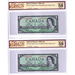 2x BC-37aA 1954 Bank of Canada $1, Beattie-Coyne, Modified Portrait, Replacement, S/N: *A/A0051640 &