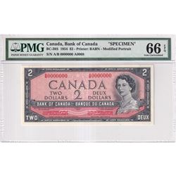 BC-38S 1954 Bank of Canada Modified SPECIMEN (#A0068 ) $2, S/N: A/B0000000 PMG Certified GEM UNC-66