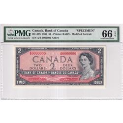 BC-38S 1954 Bank of Canada Modified SPECIMEN (#A0078 ) $2, S/N: A/B0000000 PMG Certified GEM UNC-66