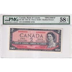 BC-38S 1954 Bank of Canada Modified SPECIMEN (#A0100 ) $2, S/N: A/B0000000, PMG Certified Choice AU-