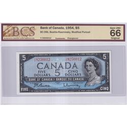 BC-39b 1954 Bank of Canada Modified $5 Beattie-Rasminsky, S/N: Y/C8256012, BCS Certified GEM UNC-66