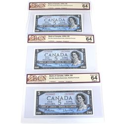 BC-39b 3 Sequential 1954 Bank of Canada Modified $5 Beattie-Rasminsky, S/N: Y/C8256005/006/007. All