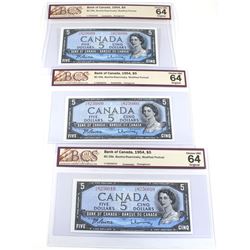 BC-39b 3 Sequential 1954 Bank of Canada Modified $5 Beattie-Rasminsky, S/N: Y/C8256008/009/010. All