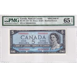 BC-39S 1954 Bank of Canada Modified SPECIMEN (#B153 ) $5, S/N: A/C0000000 PMG Certified GEM UNC-65 E