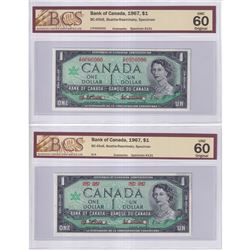 BC-45aS & BC-45bS. 1967 $1 Matching SPECIMEN Bank Note Set (#131). Both BCS Certified UNC-60 Origina