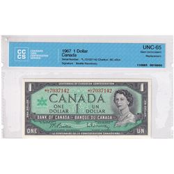 BC-45bA 1967 Bank of Canada Replacement $1, Beattie-Rasminsky S/N: *L/O7037142. CCCS Certified GEM U