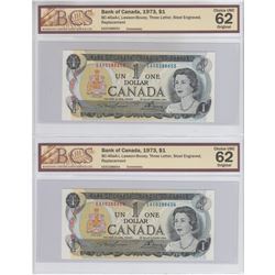 2x BC-46aA-i 1973 Bank of Canada $1, Lawson-Bouey, Three Letter, Steel Engraved, Replacement, S/N: E