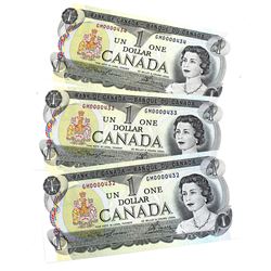 BC-46a-N5-iv 1973 Bank of Canada $1 Lawson-Bouey Low Serial Number Consecutive GM0000432-34 UNC+. 3p