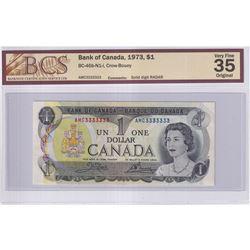 BC-46b-N1-I 1973 Bank of Canada Solid Digit RADAR $1, Crow-Bouey S/N: AMC3333333 BCS Certified VF-35