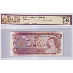 BC-47aT 1974 Bank of Canada $2 'RS" Test Note, Lawson-Bouey S/N: RS0252526, BCS Certified Choice AU-
