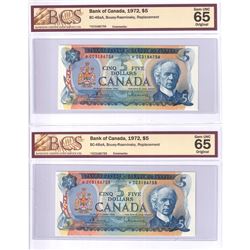 BC-48aA 1972 Bank of Canada Replacement $5 2 Sequential, Bouey-Rasminsky S/N: *CC3186755, 3186756 Bo