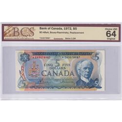 BC-48aA 1972 Bank of Canada Replacement $5, Bouey-Rasminsky S/N: *CA3078987, BCS Certified CUNC-64 O