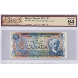 BC-48aA 1972 Bank of Canada Replacement $5, Bouey-Rasminsky S/N: *CA3078987, BCS Certified CUNC-64 O