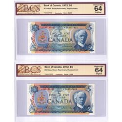 2x BC-48aA 1972 Bank of Canada $5, Bouey-Rasminsky, Replacement, Below 3.28M, S/N: *CA3137602 & *CA3