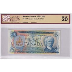 BC-48bT 1972 Bank of Canada 'RS' Test $5, Lawson-Bouey S/N: RS8082827, BCS Certified VF-20. Bright n