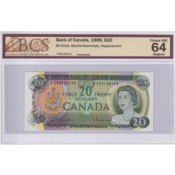 BC-50aA 1969 Bank of Canada Replacement $20, Beattie-Rasminsky S/N: *EB2138103 BCS Certified CUNC-64