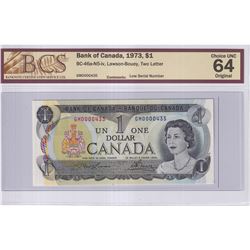 BC-46a-N5-iv 1973 Bank of Canada $1, Lawson-Bouey, Low Serial Number GM0000435, BCS Certified CUNC-6