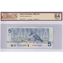 BC-56b 1986 Bank of Canada $5, Thiessen-Crow S/N: EPC8110454, BCS Certified Choice UNC-64 Original.