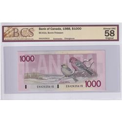 BC-61b 1988 Bank of Canada $1000, Bonin-Thiessen S/N: EKA2425615, BCS Certified AU-58 Original.