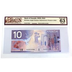 BC-63aA 2001 Bank of Canada Replacement $10, Knight-Thiessen S/N: FDU9375990, BCS Certified CUNC-63