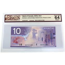 BC-63cA 2001 Bank of Canada Replacement $10, Jenkins-Dodge S/N: BEK9625383 BCS Certified CUNC-64 Ori