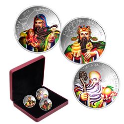 RCM Issue: 2018 The San Xing Gods: Fu, Lu, Shou 5oz. 3-coin Silver Set. COA #181/588 (TAX Exempt).