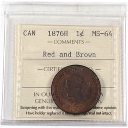1-cent 1876H ICCS Certified MS-64 Red and Brown.