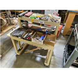 TAN 2 TIER SERVICE CART WITH CONTENTS