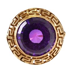18k Gold Amethyst Ring, Greek Key
