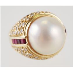 18K Gold MABE PEARL DIAMOND & RUBY Ring